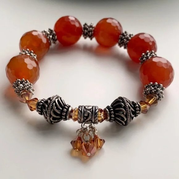 Handmade Carnelian Gemstone & Swarovski Crystal Bracelet - Picture 1 of 11